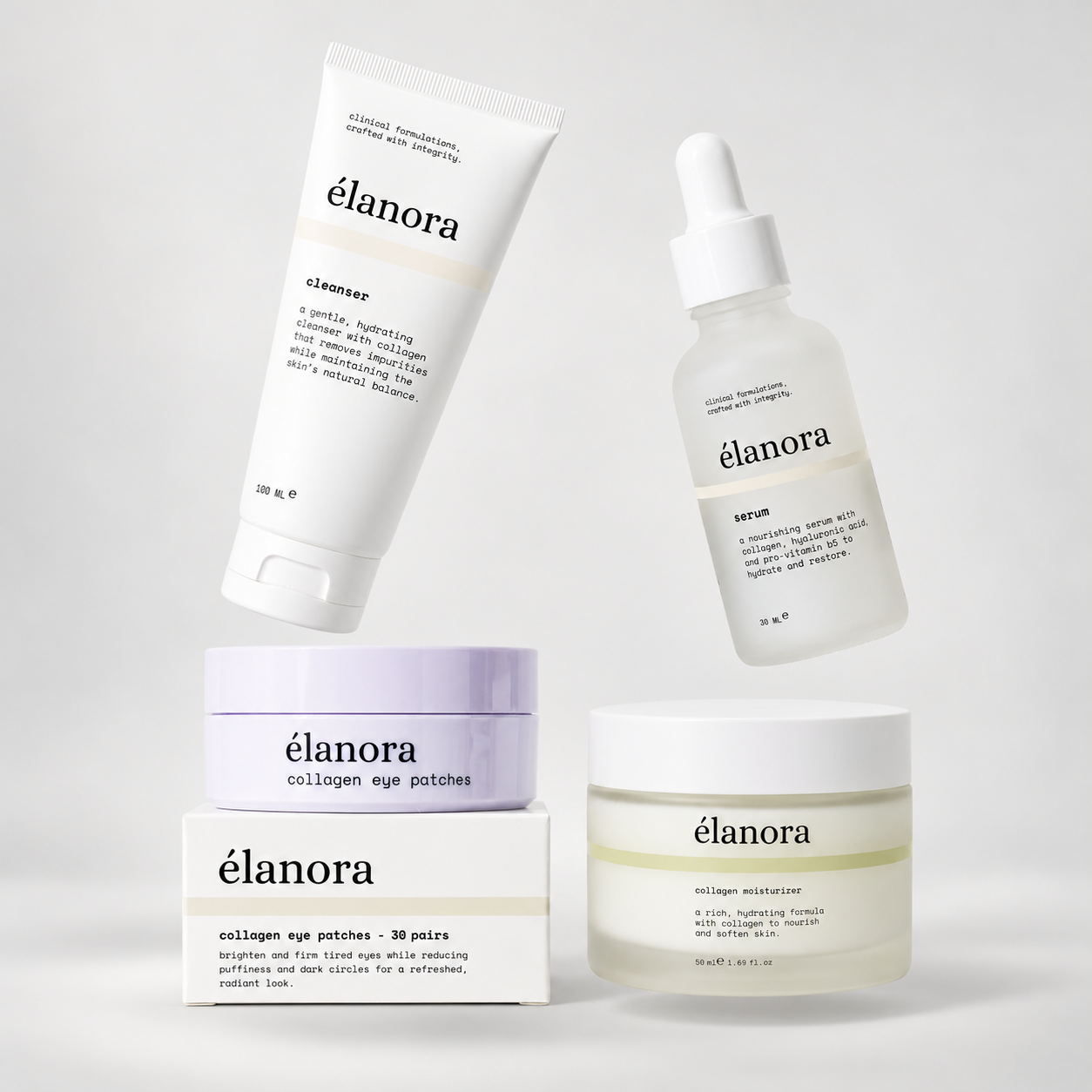 élanora eye patches en moisturizer naast elkaar, met de cleanser en het serum zwevend erboven op een zachtgrijze achtergrond