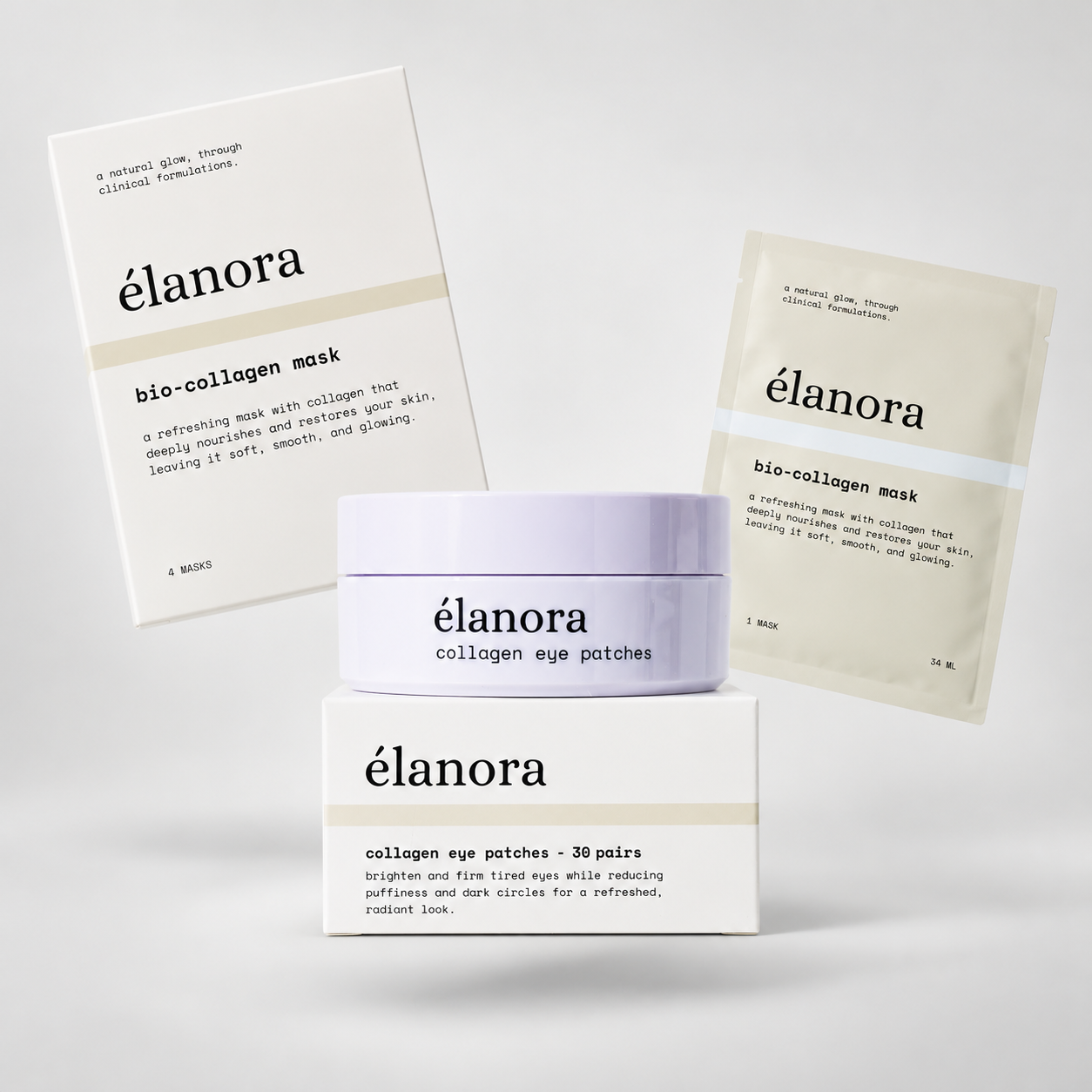 élanora eye patches centraal, omringd door de bio-collageen maskerverpakkingen op een zachtgrijze achtergrond
